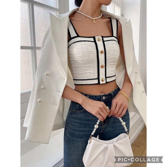 Jackie O Inspired Classy Luxe Black & White Button Front Detail Crop Top - Picture 1 of 5